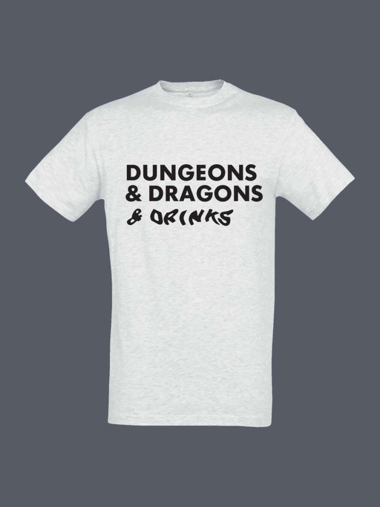 An image of a Dungeons & Dragons & Drinks shirt.