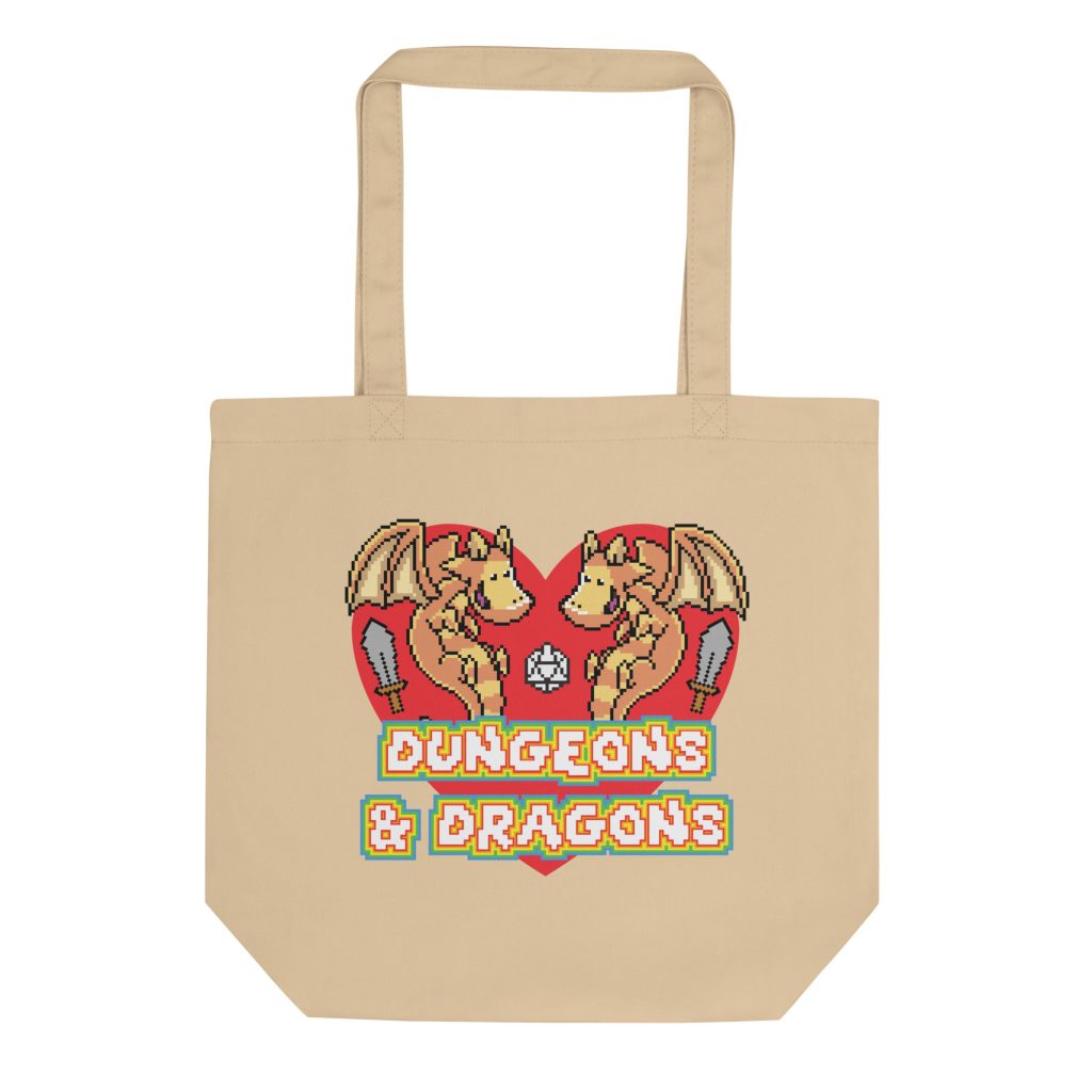 An image of a tote bag with a pixelated heart and dragon design.